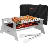 onlyfire Tischgrill,mobiler Holzkohle-Grill, Grill-Grillrostsystem aus Edelstahl mit Tragetasche und Zange für Outdoor Garten Camping Party Beach Barbecue