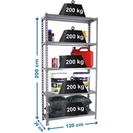 simonclick Lagerregal Stahl 2000x1200x300 mm grau 5 Ebenen