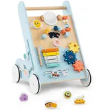 DREAMADE Lauflernwagen Holz, Lauflernhilfe ab 1 Jahr mit Spiegel & Spielbrett, Montessori Gehhilfe Gehfrei Baby Holzspielzeug für Jungen und Mädchen (Blau)