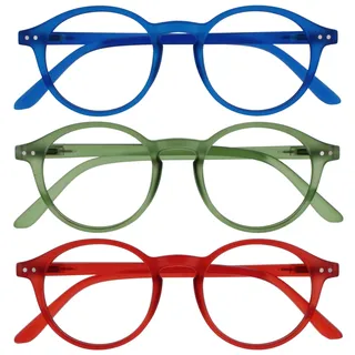 OPULIZE REY Lesebrille - 3er-Pack - Runder Retro-Rahmen - Mattblau, Grün, Rot - Herren Damen - Federscharniere - RRR56-36Z - +2.50