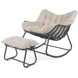 KOMFOTTEU Schaukelstuhl (2 St), Relaxsessel mit Hocker aus Rattan bis 150 kg belastbar beige|weiß