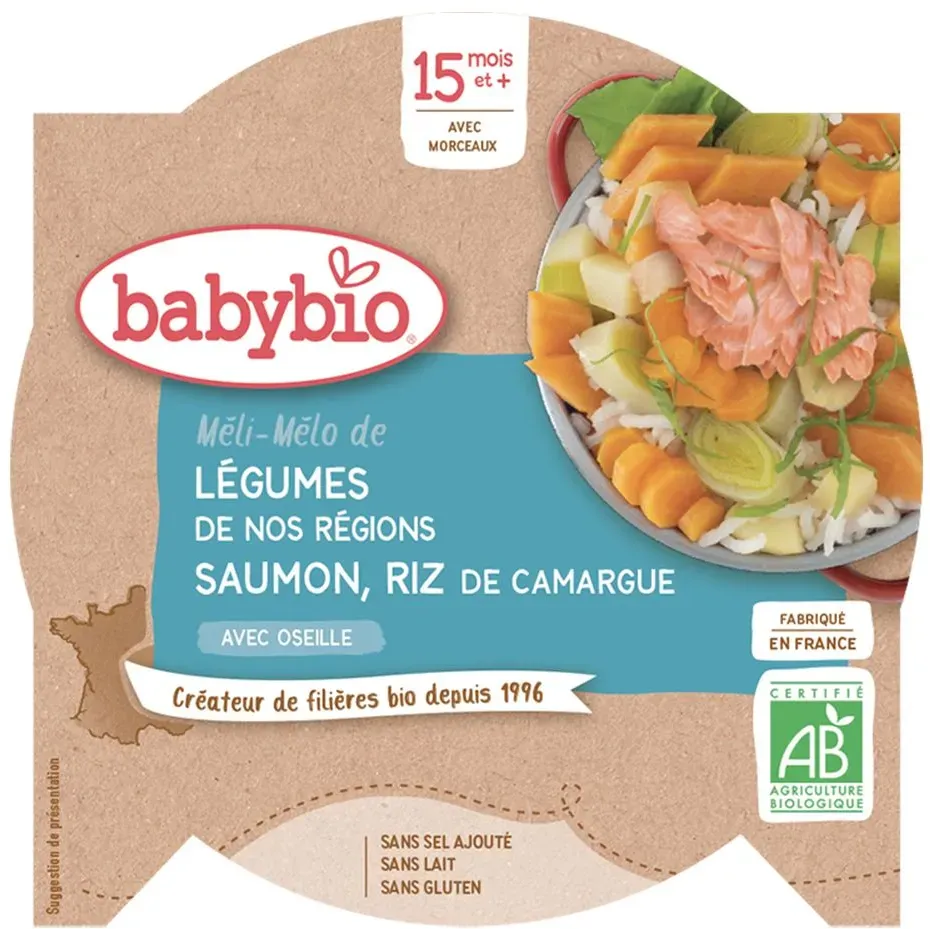 Babybio Meli-Mélo DE Légumes DE NOS Regions Saumon ET RIZ DE Camargue À L'oseille (Lachs und Reis aus der Camargue mit Sauerampfer) ab 15 Monaten