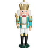 Seiffener Volkskunst Nussknacker König exklusiv 40 cm hoch Figur aus Holz Original Erzgebirgskunst weiß-Gold-türkis