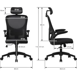ML-Design Bürostuhl ergonomisch, Schwarz, Mesh, mit Verstellbarer Kopfstütze, Armlehnen, Lendenwirbelstütze, Wippfunktion,