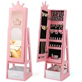 DREAMADE 3-in-1Kinderspiegel mit Schmuckschrank & Stoffbox & Ablage, freistehender Kinder-Kosmetikspiegel aus Holz für Kinder ab 3 Jahren (undrehbar, Rosa)