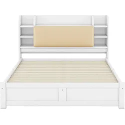 Merax 160*200cm Doppelbett, Flachbett, teilweise aufklappbares Kopfteil, vier Schubladen, mehrere Staufächer, weiß