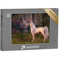 puzzleYOU Puzzle 3D-Illustration: Einhorn am Wasserfall, 48 Puzzleteile, puzzleYOU-Kollektionen Einhorn, Einhörner, Tiere aus Fantasy & Urzeit