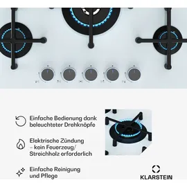 Klarstein Illuminosa 5 Gaskochfeld, 5 Sabaf-Brenner, 4 kW Wokbrenner, Gehärtetes Glas, Elektrische Zündung, Flammenausfallschutz, Topfhalter aus ... - Weiß