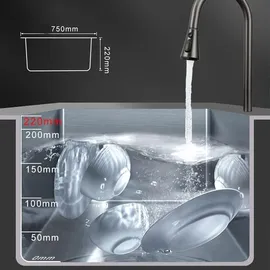 faizee home Küchenspüle Nano Innovative Küchenspüle Graphit 75 x 46 cm mit Armatur - Schwarz