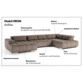Cotta Wohnlandschaft COTTA "Orion U-Form, B: 409 cm", grau (elephant), B:409cm H:73cm T:225cm, 100% Polyester, Sofas, Wohnlandschaft, mit Kopfteilverstellung & 6 Nierenkissen