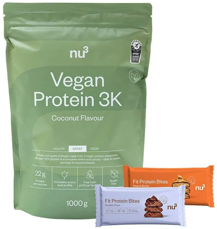 nu3 Vegan Protein 3K Shake, Coconut + Fit Protein Bites Peanut Butter + Fit Protein Bites Double-Choc