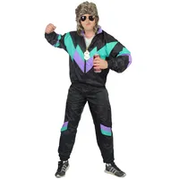 Foxxeo 80er Jahre Trainingsanzug Kostüm für Herren - schwarz grün lila – Premium Ausführung mit Taschen – Größe:XXXXL