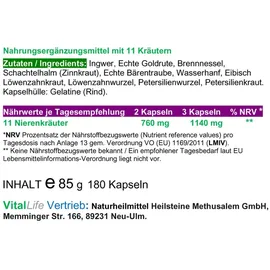 VitalLife Nieren 11 Kräuter Kapseln 180 St.