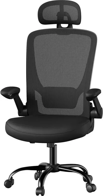 Ochama Tintenschwarz ergonomischer Mesh-Drehstuhl – 62×62,4×(120,4-127,4) cm, Lenden- & Kopfstütze, breiter Sitz, klappbare Armlehnen, Neigungsfunktion – Komfortabel für Büro oder Schlafzimmer