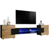 komodee Lowboard, Schwarz, Schwarz, Eiche Wotan, Holzwerkstoff, Glas, 4 Fächer, Rechteckig, 230x52.5x35 cm, Wohnzimmer, Wohnwände, Lowboards, Lowboards stehend