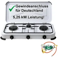 Bluecraft Camping-Gas-Kocher Mobi 3-flammig, weiss mit Gasschlauch und Manometer-Gasregle...