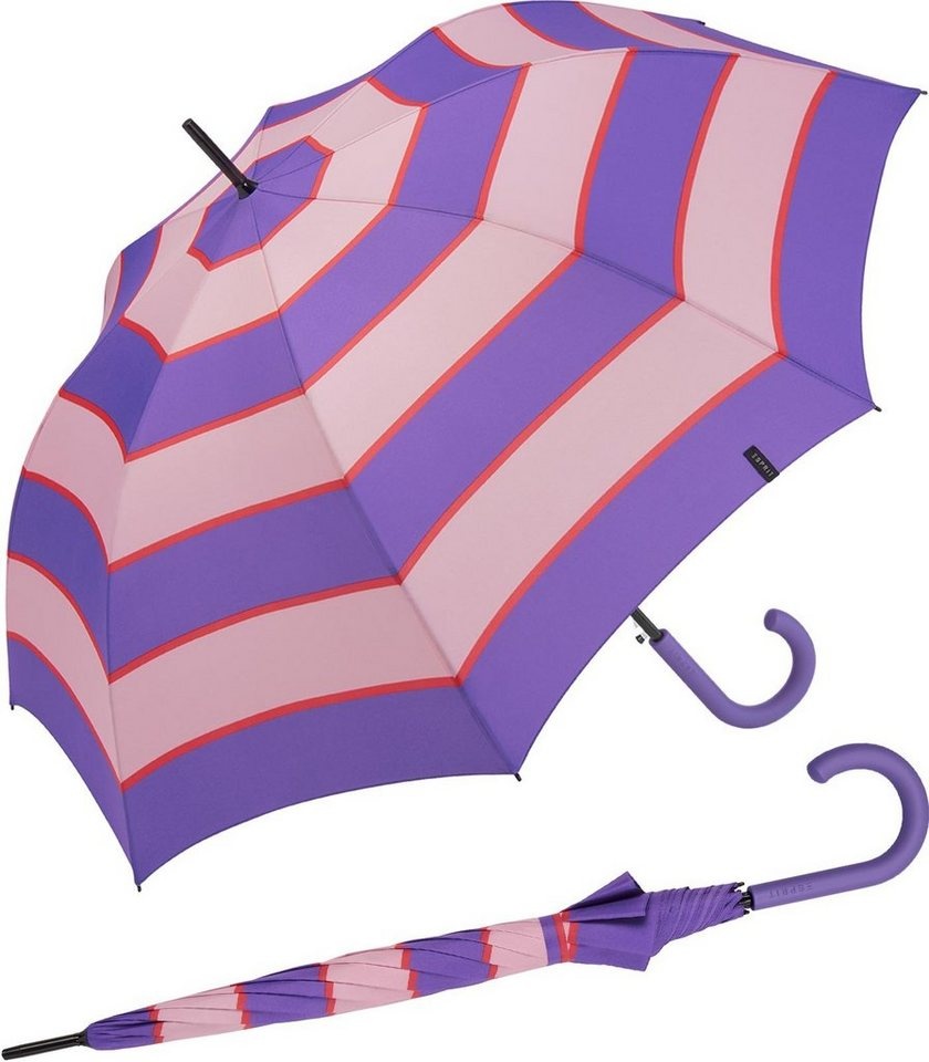 Esprit Langregenschirm Damen Auf-Automatik Collegiate Stripe deeplavender, groß, stabil, mit Streifen-Muster bunt|lila|rosa