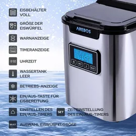 Arebos Eiswürfelmaschine 2,2L Wassertank 3 Eiswürfelgrößen 12 kg/24h Timer - Silber