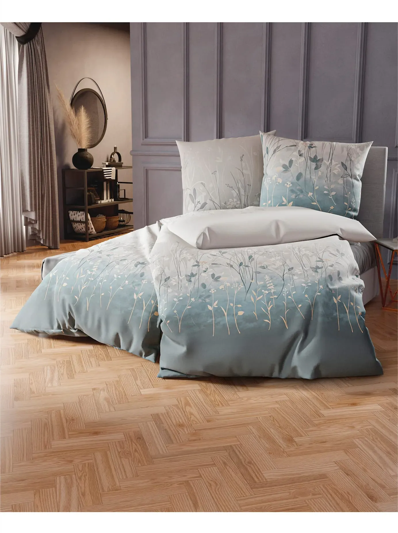 Bettwäsche KAEPPEL Gr. 5, blau (taubenblau, grau, bedruckt), B/L: 135cm x 200cm, Feinbiber, B/L: 40cm x 80cm, 2 Stk., Feinbiber, 100% Baumwolle, Bettwäsche, Bettwäsche