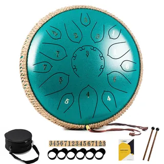 MeloBeat Zungentrommel 12 Zoll 15 Töne - Professionelles Steel Tongue Drum Handpan Set in D Dur inkl. Zungentrommel Liederbuch, Schlagzeug Sticks und Trommel Tragetasche (Grün)
