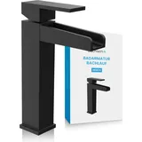Bächlein Badarmatur Sotira hoch in Bachlauf-Design, extra hoher Einhebelmischer mit Montage-Set für Aufsatzwaschbecken, Bad Wasserhahn Matt Schwarz