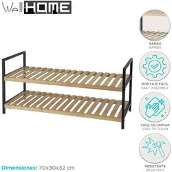 WellHome - Bambus-Schuhregal mit 2 Regalen aus Metall und Bambus 70x30x32cm