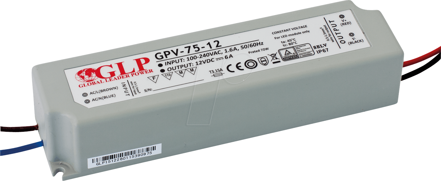 GLP GPV-75-24 - LED-Netzteil, 72 W, 24 V DC, 3 A, TÜV-geprüft, IP67