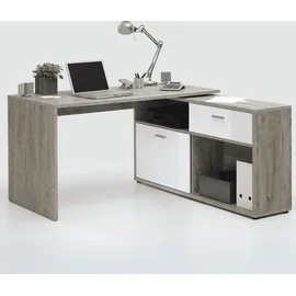FMD Möbel, 367-001 Diego Schreibtisch, Holzwerkstoff, Sandeiche/Hochglanz-Weiß, Maße 134.0 x 141.0 cm