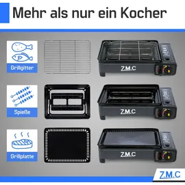ZMC Gaskocher 2-in-1 Campingkocher inkl. Grillplatte und Gaskartusche