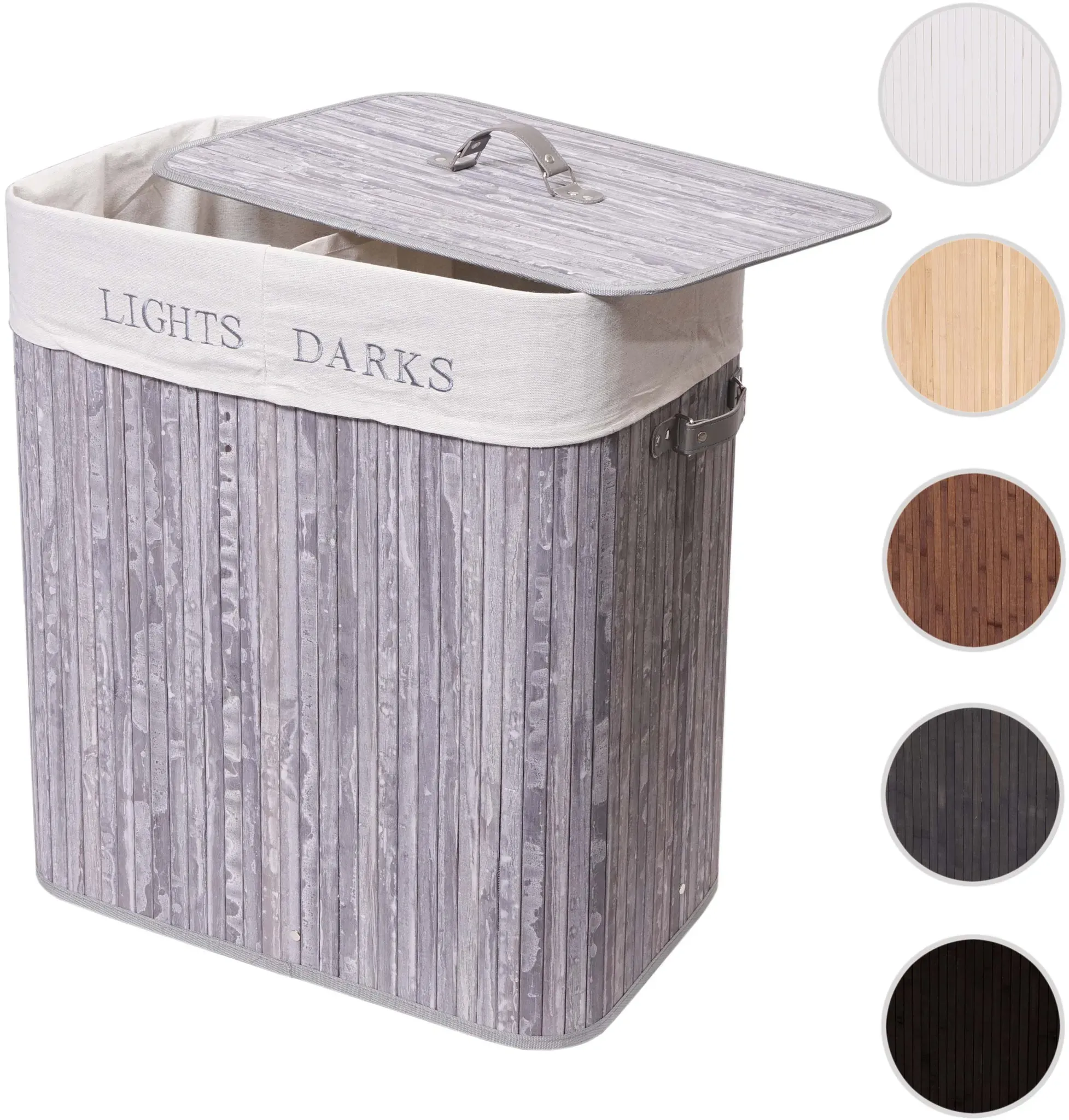 Wäschekorb HWC-C21, Laundry Wäschebox Wäschesammler Wäschebehälter, Bambus 2 Fächer 63x55x34cm 100l ~ grau-blau