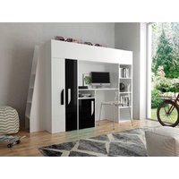 QMM TraumMöbel Hochbett PARIS 5 mit Schreibtisch Schrank Regal und Treppe Hochglanz (Bett mit Treppe, Schreibtisch, Regal) mit Schreibtisch, Schrank und Regal schwarz