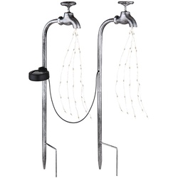 Solar Wasserhahn Deko Garten Wasserhahn mit Licht Außen Solar Gartenstecker für Außen, Metall silber, 60x LED warmweiß, LxBxH 13×4,5×53 cm