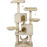 Wiltec Kratzbaum Beige mit Pfotenmotiv 145 cm, Katzenkratzbaum mit Plattformen und Katzenhäuser, Katzenbaum mit Hängematte, Kletterbaum für Katzen - Beige