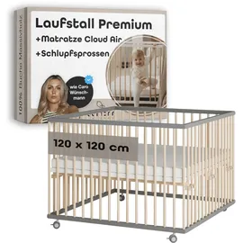 Sämann Laufgitter mit Matratze Cloud Air | Schlupfsprossen grau/natur Premium | Gr.: 120x120 cm)