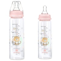 KIKKABOO Baby Glasflasche 120 ml Savanna Anti-Kolik-Silikonsauger Größe S Deckel rosa