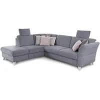 CAVADORE Eckcouch Trend / Skandinavisches Ecksofa mit Federkern, Ottomane und 2 Kopfstützen / 252 x 86 x 213 / Chenille, Hellblau