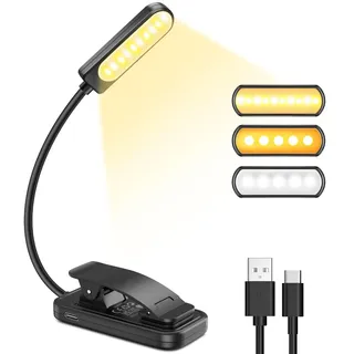 garite Leselampe Buch Klemme, 10 LED Buchlampe mit Stufenloser Dimmung, 3 Farbmodi (Warm/Kühl/Weiß), USB Wiederaufladbare Klemmlampe, 360° Faltbare für Nachtlesen, Bett, Büro, Reisen