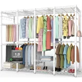 AQRA Offener Kleiderschrank System,Kleiderständer mit 9 Höhenverstellbarem Regalböden und 5 Kleiderstange, Hosenständer, 4 Schichten mit Großem Fassungsvermögen, Weiß 193.5CM×43.5CM ×195CM