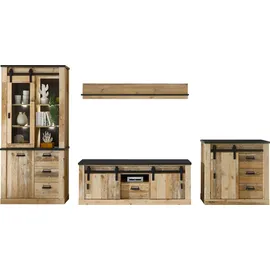 Home Affaire Wohnwand HOME AFFAIRE "SHERWOOD", braun (old style hell dekor), B:388cm H:201cm T:43cm, Kastenmöbel-Sets, Wohnwand, mit Scheunentorbeschlag, Apothekergriffe aus Metall, Breite ca. 388 cm, Topseller