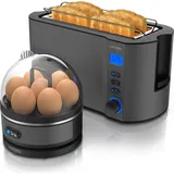 Arendo - SET Toaster MANHA mit Eierkocher SEVENCOOK Edelstahl Grau, Toaster 4 Scheiben, LED-Display, 6 Bräunungsgrade, Brötchenhalter - Eierkocher 1-7
