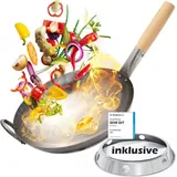 Flavemotion Wok Pfanne inkl. Wokring - Geeignet als Wokpfanne Induktion sowie für den Grill und Gasherd - Wok Pfanne aus robusten Karbonstahl - Woks & Wokpfannen, Wok Gasbrenner, Wok Induktion, Wok Gasbrenner