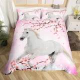 Bettbezug 200 x 200 cm, Pferd für Jungen, Mädchen, Frauen, Bettbezug, Kirschblüte, Rosa, romantisches Bettwäsche-Set, Pferd, Wildtiere, Blumen, Dekoration, Bauernhaus, Bettwäsche