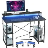 Vevor Computertisch Bürotisch Schreibtisch mit intelligenten LED-Leuchten & Steckdosen, Arbeitstisch mit Monitorständer & 2-stufigen Lagerregalen, Arbeitszimmer Wohnzimmer Homeoffice Schwarz