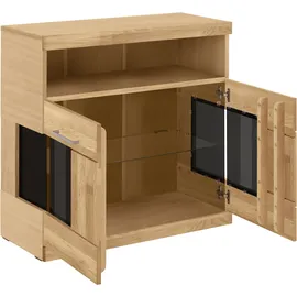 OTTO home Kommode OTTO HOME "Ribe 85cm breit,35 cm tief, Fronten Massivholz,2 Türen mit Glaseinsatz", braun (eiche teilmassiv), B:85cm H:80cm T:35cm, Holz teilmassiv, Sideboards, Kommode, Holz massiv, Holzwerkstoff,3 breite Fächer