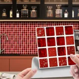 Fliesenaufkleber Roter Mosaikdruck Küchenrückwand Folie 3d Fliesenaufkleber Bad PVC Klebefliesen Wasserdicht Selbstklebende Fliesen Leicht zu Schrubben Klebefliesen Boden10 Stück(10X10cm)