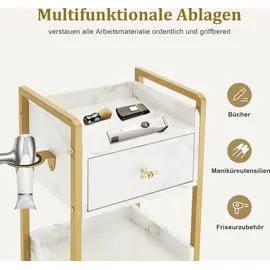 MCombo M MCombo Servierwagen mit Rollen & 3 Schubladen, Friseurwagen Rollwagen, Salon Trolley mit 2 Ablagen & Föhnhalter, Moderner Arbeitswage... - Weiß