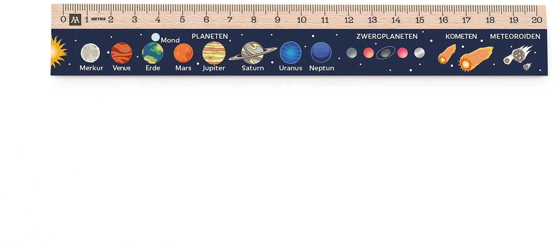 Metrie, Didakt-M02 Holzlineal, bedrucktes Sonnensystem, 20 cm