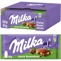 MILKA Alpenmilch-Schokoladentafel mit ganzen Haselnüssen – Tafelschokolade mit knackigen Nüssen – 17 x 95g