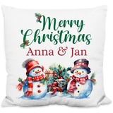 Deko-Kissen personalisiert mit Wunschtext „Merry Christmas“ - mit Schneemänner-Motiv - 40x40cm, inkl. Kissen-Füllung | Zierkissen Weihnachtskissen Weihnachts-Geschenk (Strukturiertes Kissen)