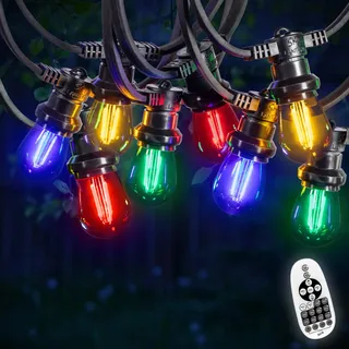 SKYLANTERN® Partylichterkette 30m Außen bunt – 30 dimmbare E27 Glühbirnen (blau, rot, gelb, grün) – wetterfest – Romantische LED Lichterkette für Garten & Terrasse